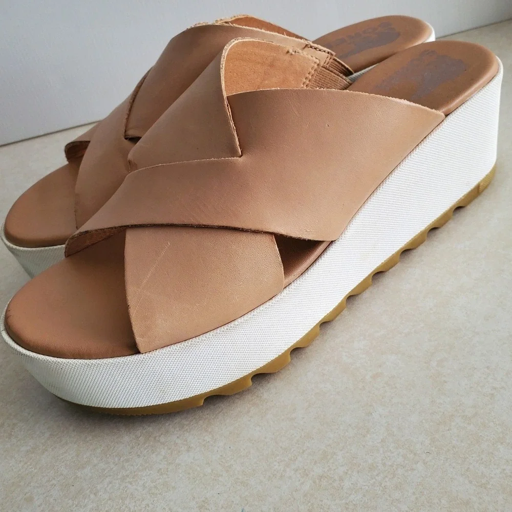 Sorel Cameron Flatform Sandal Tan Leather Cross Strap Platform Comfort Shoes
